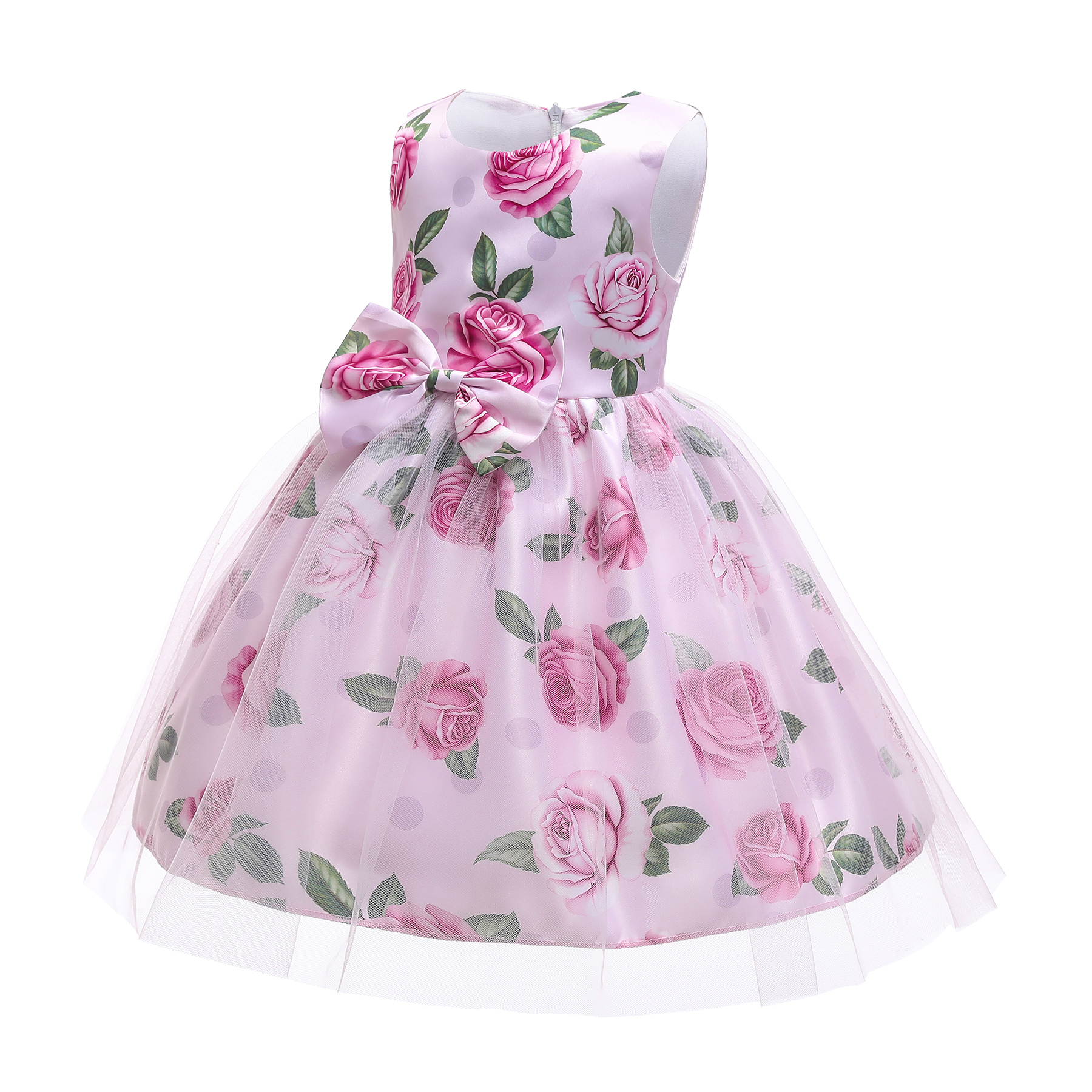

Pretty Kid Girl Floral Print Bowknot Decor Mesh Party Dress