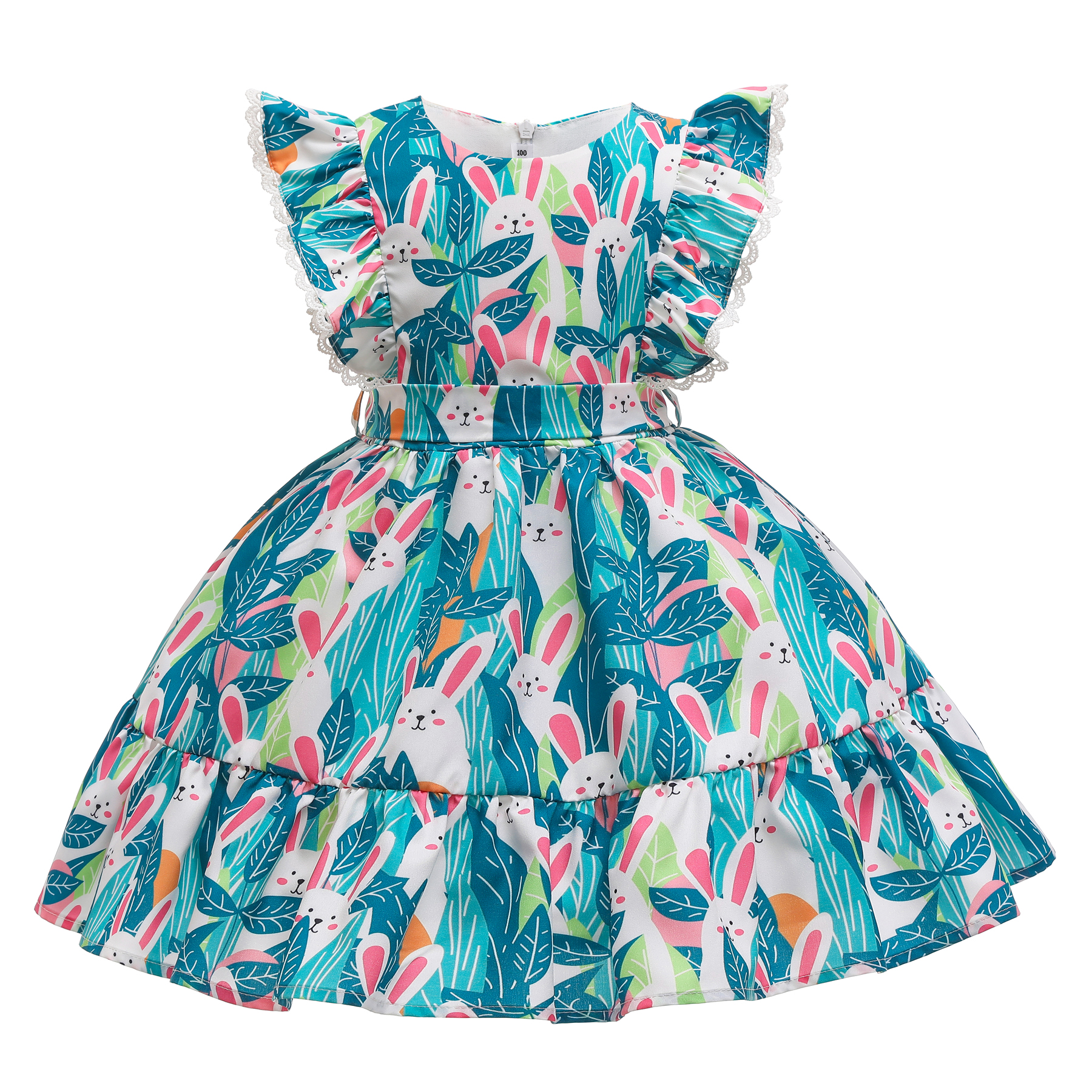

Kid Girl Cute Rabbit Leaf Print Flutter-sleeve Costume Party Dress with Waistband