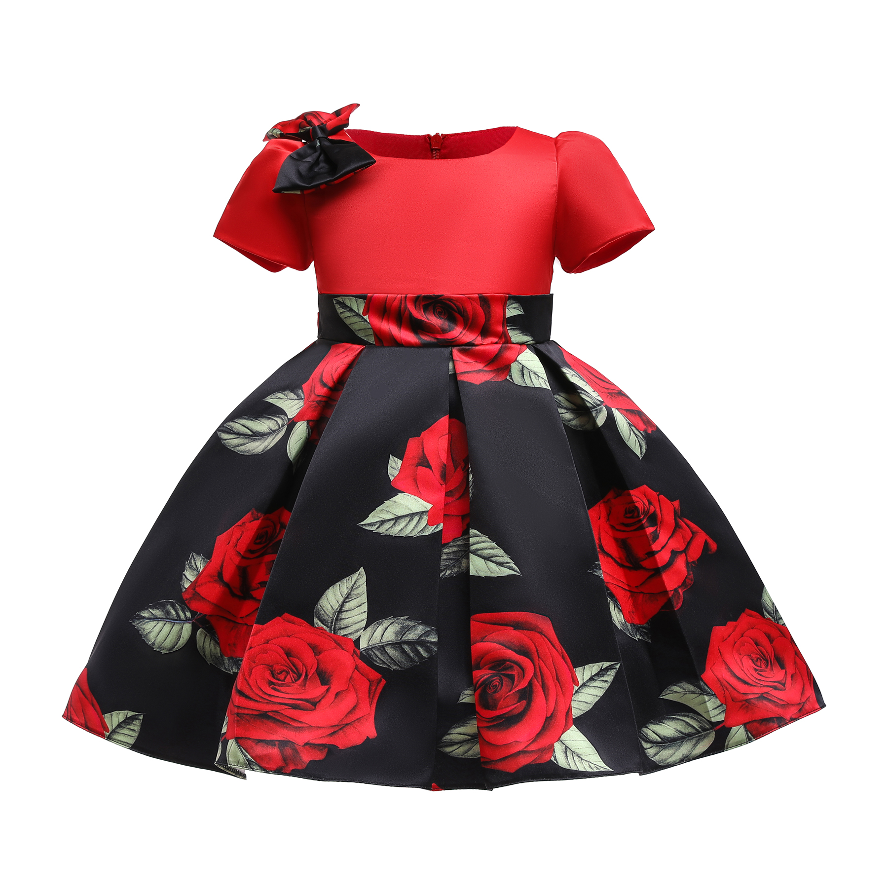 

Toddler Girl Bowknot Design Floral Print Pleated Princess Party Dress