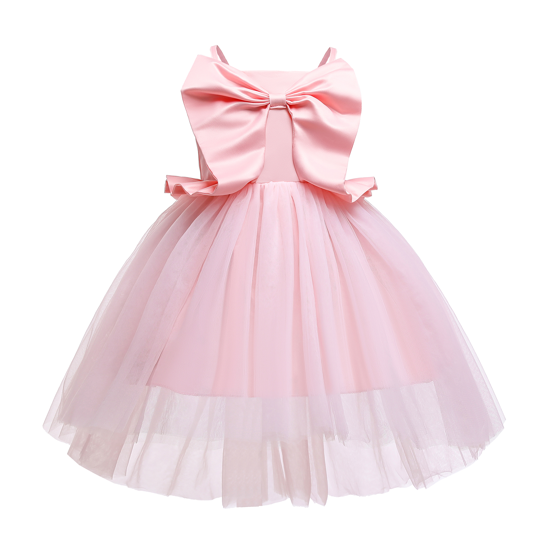 

Toddler Girl Bowknot Flounce Sleeveless Zipper Princess Party Pink Gown Tulle Strap Dress