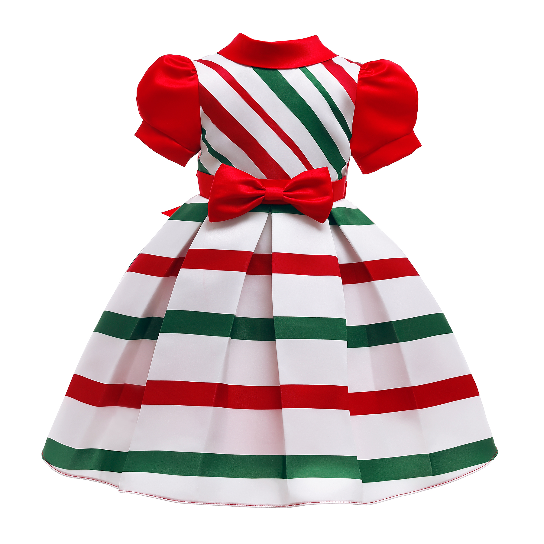 

Kid Girl Christmas Stripe Puff-sleeve Bowknot Design Pleated Princess Costume Party Dress