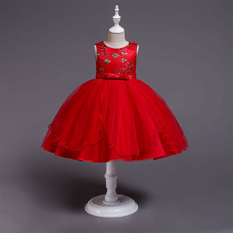 

Girl's Elegant Solid Flower Embroidered Applique Party Dress