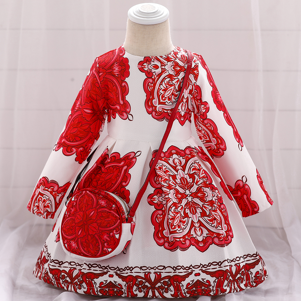 

Baby / Toddler Girl Big Red Flower Print Long-sleeve Pleated Party Dress with Bag
