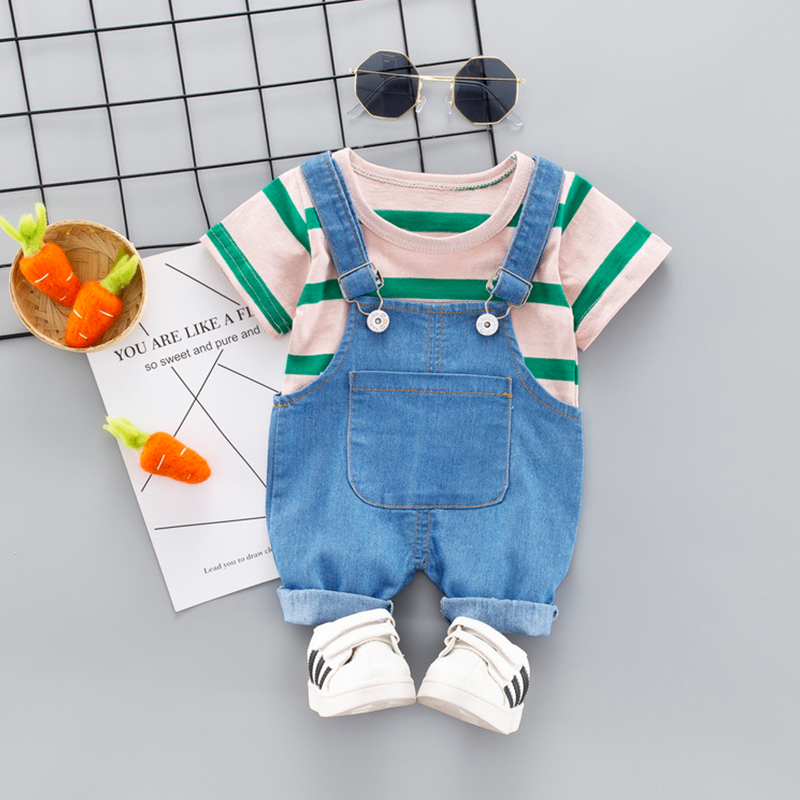 

Baby / Toddler Striped Top and Pocket Design Denim Suspender Shorts Set