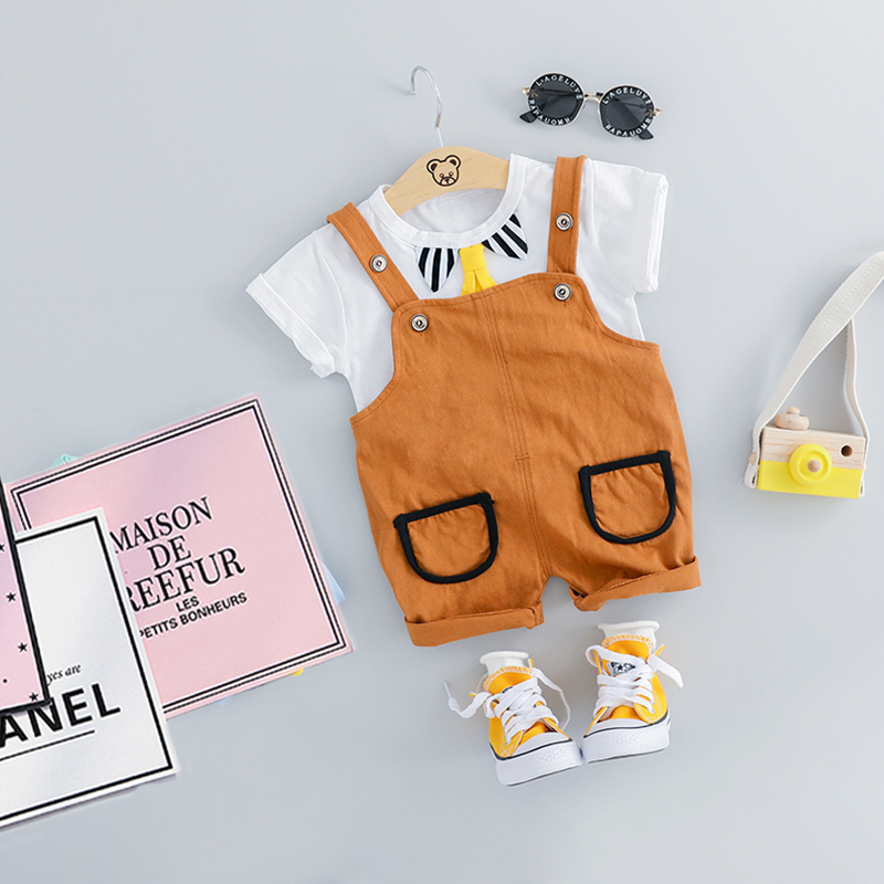 

Baby / Toddler Necktie Decor Tee and Pocket Design Suspender Shorts Set