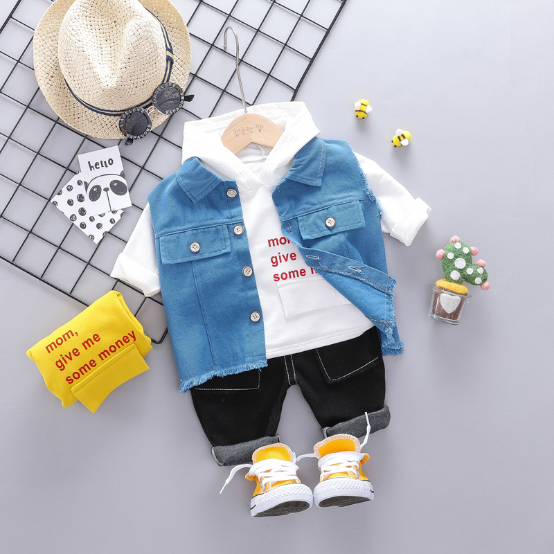 

3-piece Baby / Toddler Letter Print Hooded and Solid Vest with Jeans Set