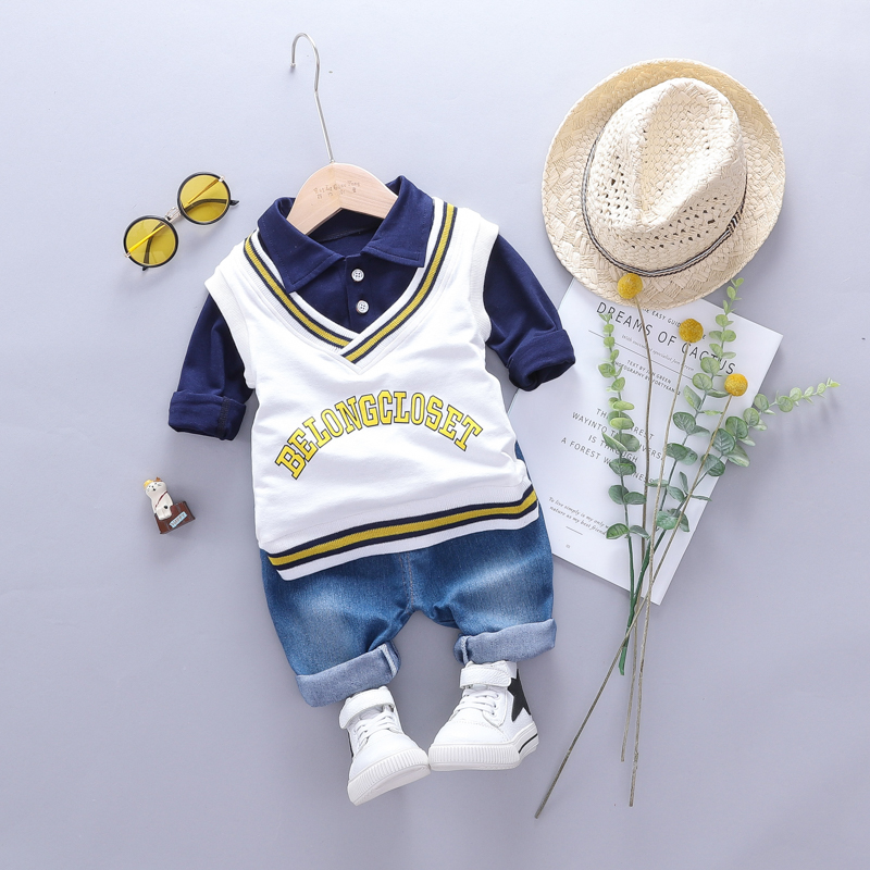 

3-piece Baby / Toddler BELONGCLOSET Print Vest and Solid Shirt with Jeans Set