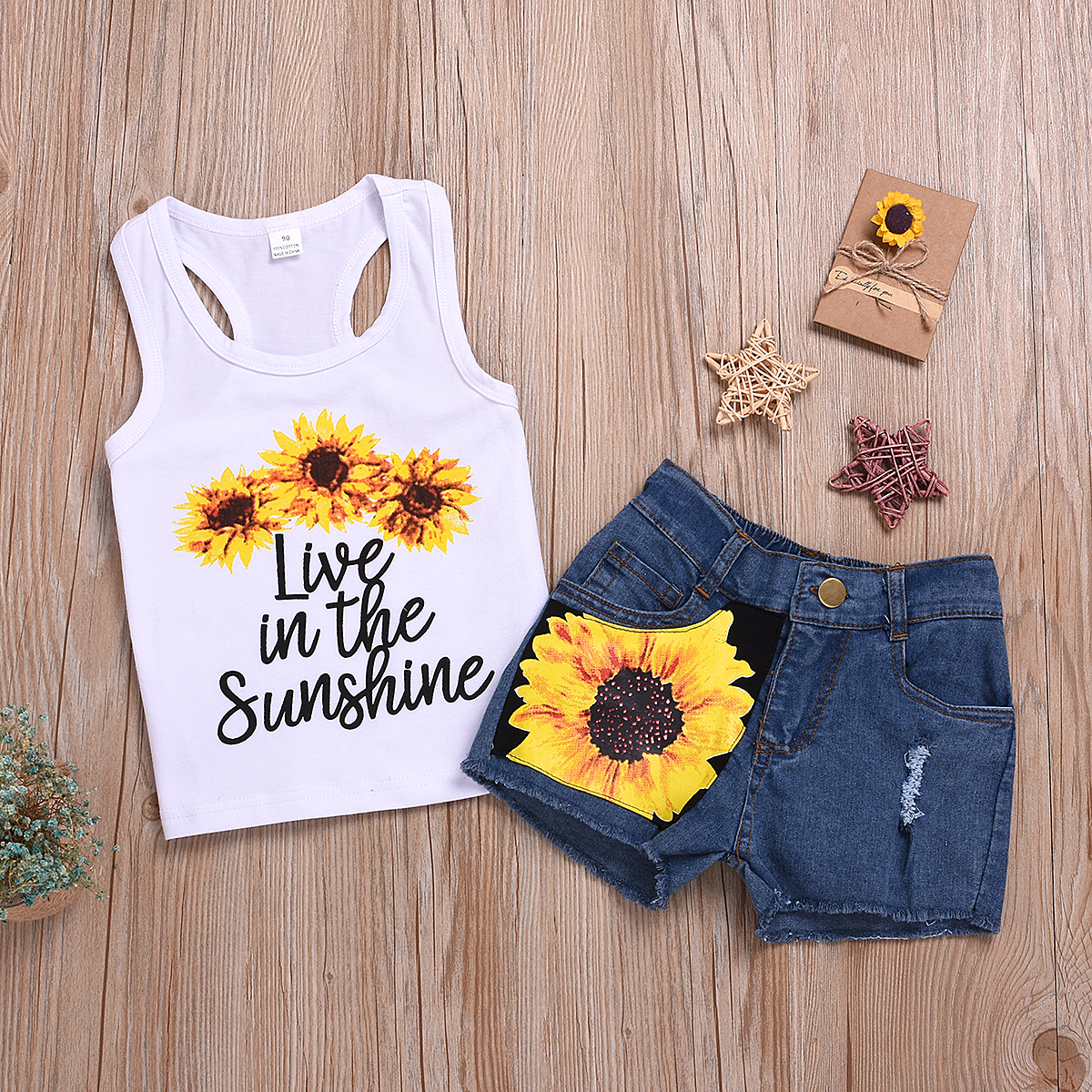 

Baby / Toddler Sunflower Letter Print Tank and Denim Shorts Set
