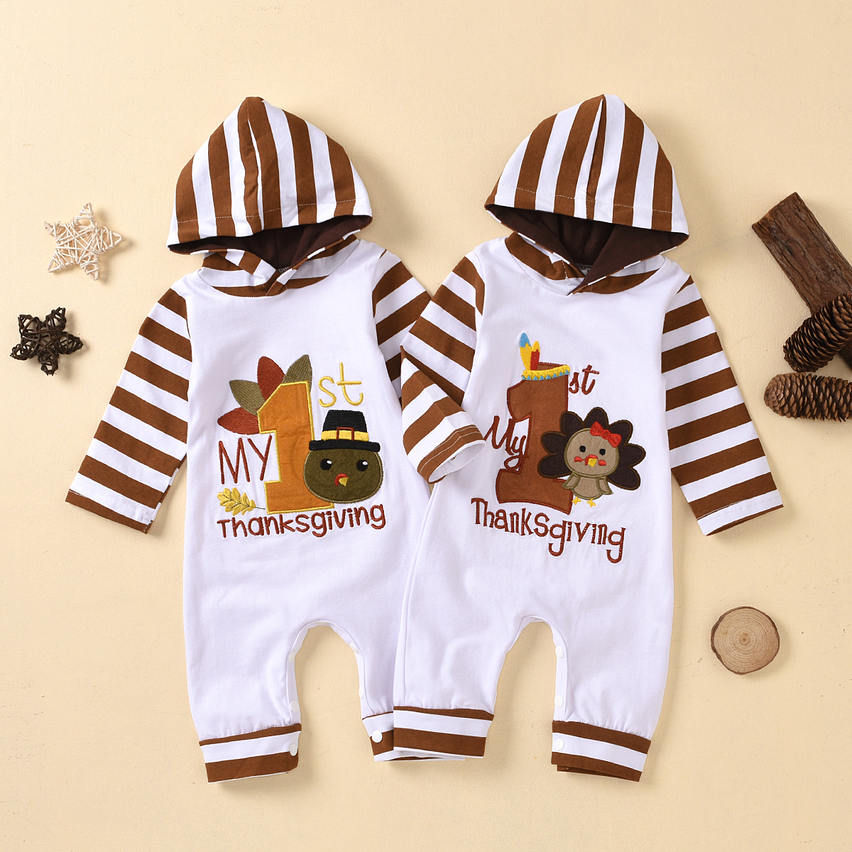 

Baby Thanksgiving Turkey Striped Hooded Jumpsuit