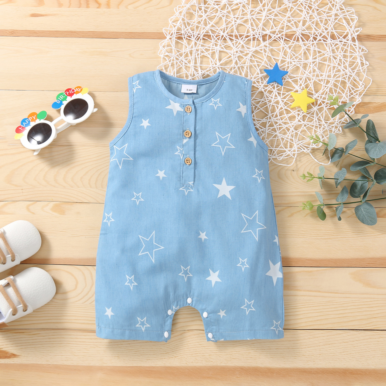 

Stars Print Sleeveless Blue Baby Tank Jumpsuit