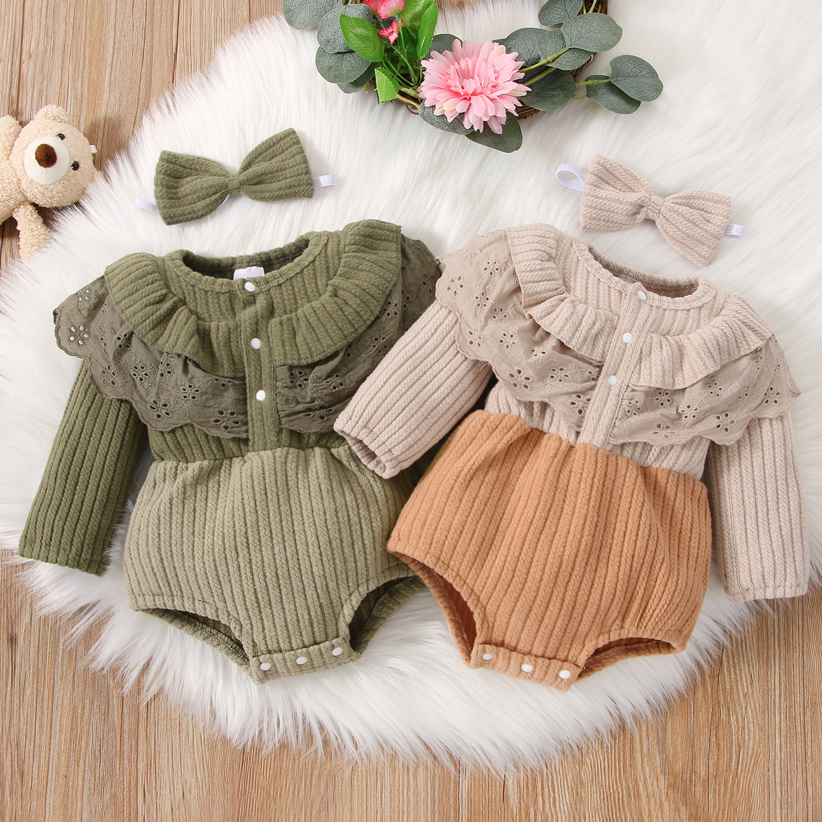 

2pcs Baby Girl Long-sleeve Ruffle Splicing Knit Cable Romper Set