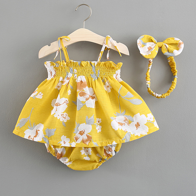 

3-piece Floral Print Sleeveless Dress Shorts and Headband for Baby Girls