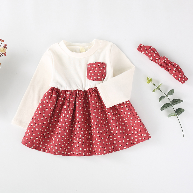 

Fresh Flower Print Color Blocked Long-sleeve Dress with Headband