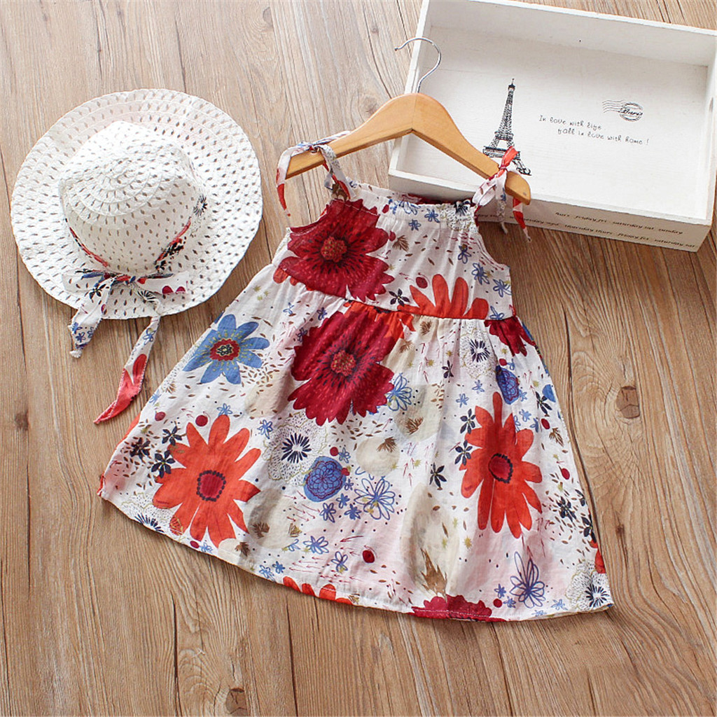 

2-piece Elegant Floral Print Tie-up Strap Dress and Bow Decor Hat Set