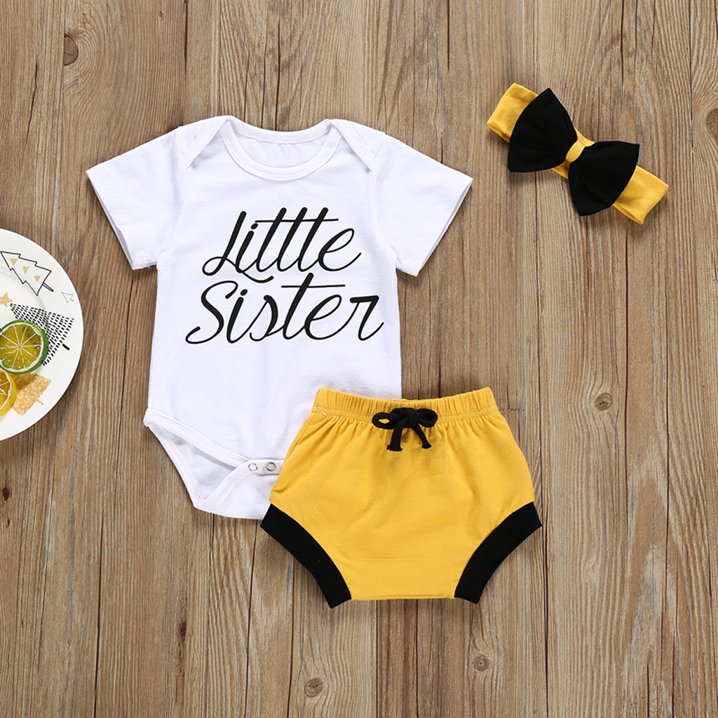 

3-piece Baby LITTLE SISTER Bodysuit and Shorts with Headband Set