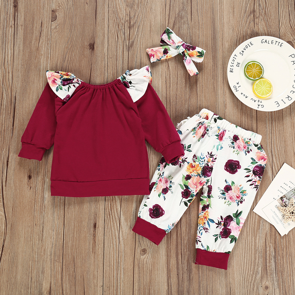 

Baby Girl Stylish Flutter-sleeve Off Shoulder Top and Floral Pants with Headband Set