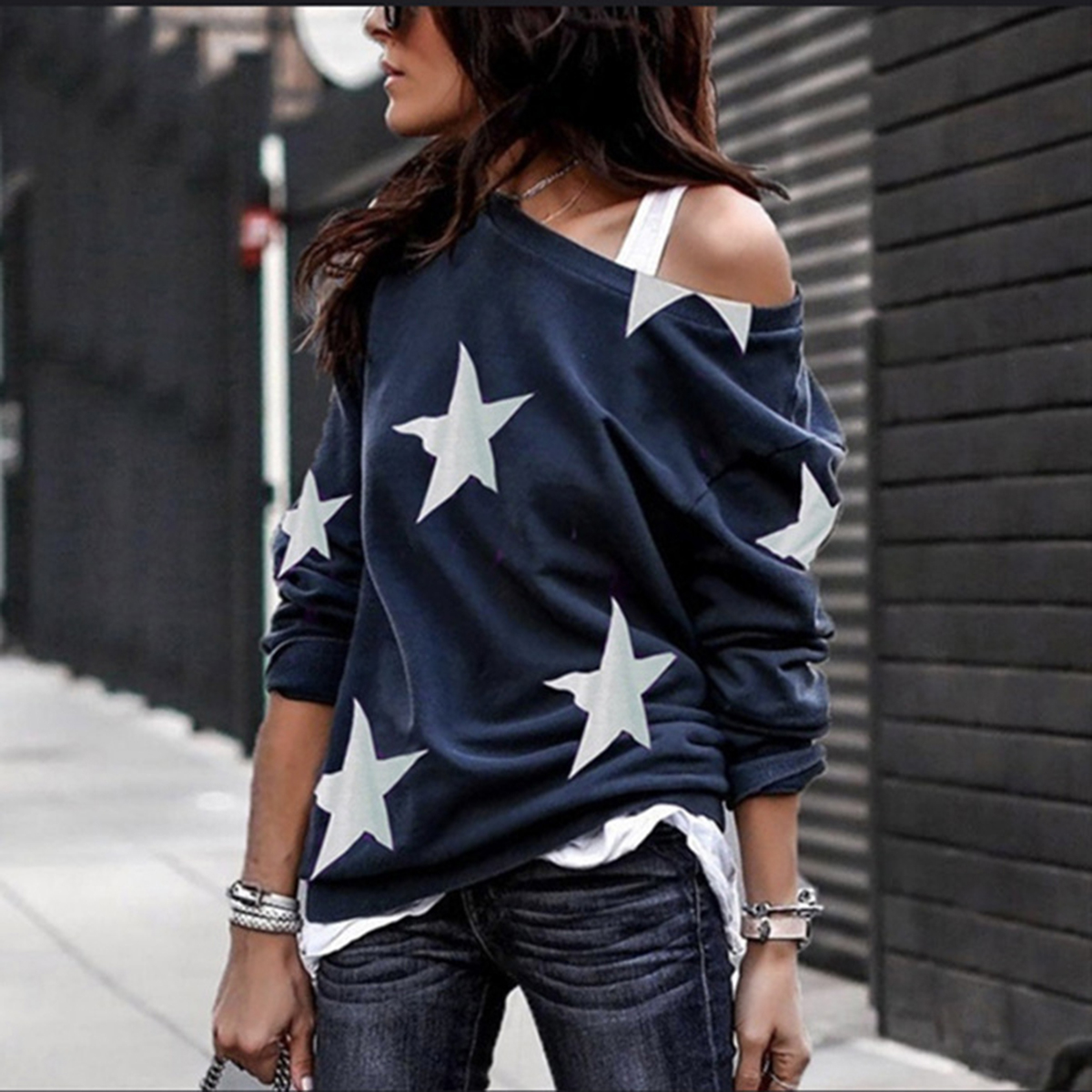 

Stars Print One Shoulder Long-sleeve Top