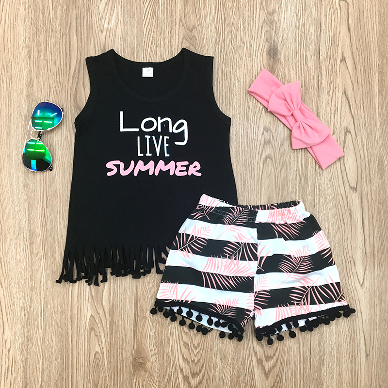 

3-piece LONG LIVE SUMMER Print Tassel Tank Top, Striped Shorts and Headband Set for Toddler Girl and Girl