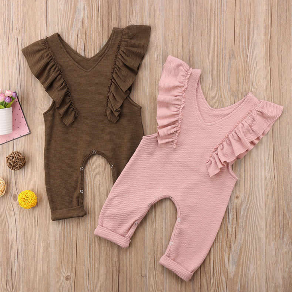 

Baby Girl Solid Ruffled Cap-sleeve Jumpsuit