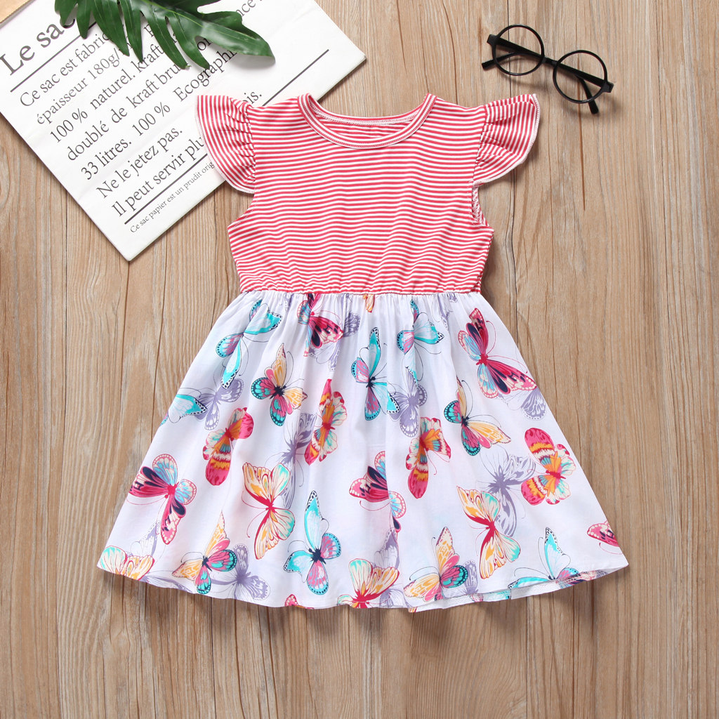 

Striped Butterfly Print Ruffle-sleeve Dress