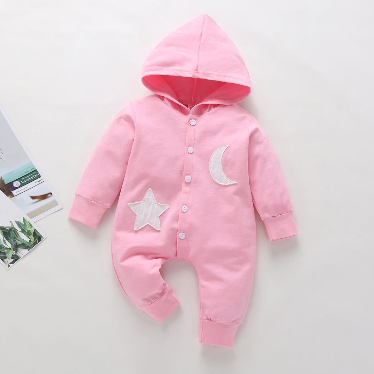 

Baby Boy / Girl Newborn Cotton Style Solid Moon and Star Embroidery Hooded Long-sleeve Jumpsuit