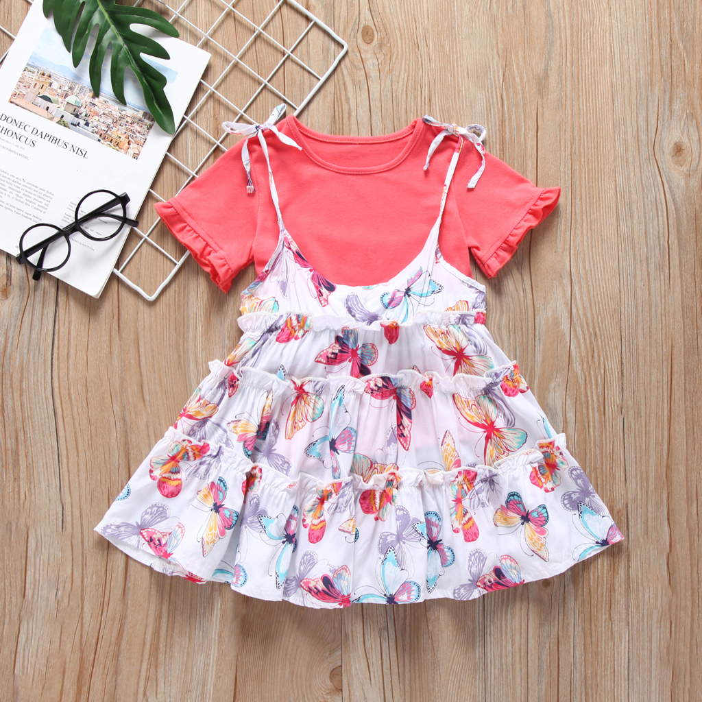 

2-piece Baby / Toddler Girl Casual Solid Top and Butterfly Skirt Set