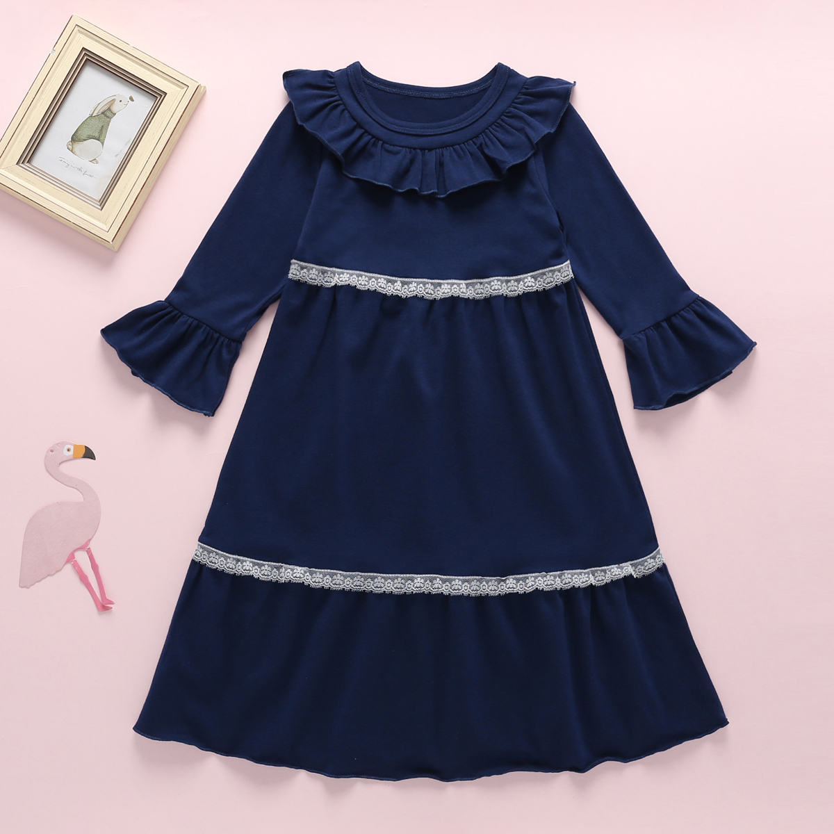 

Toddler Girl Vintage Flounced Lace Long-sleeve Dress