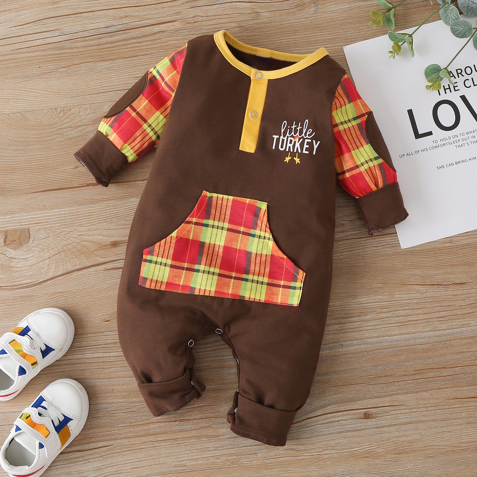 

Baby Turkey Thanksgiving Letter Plaid Jumpsuit