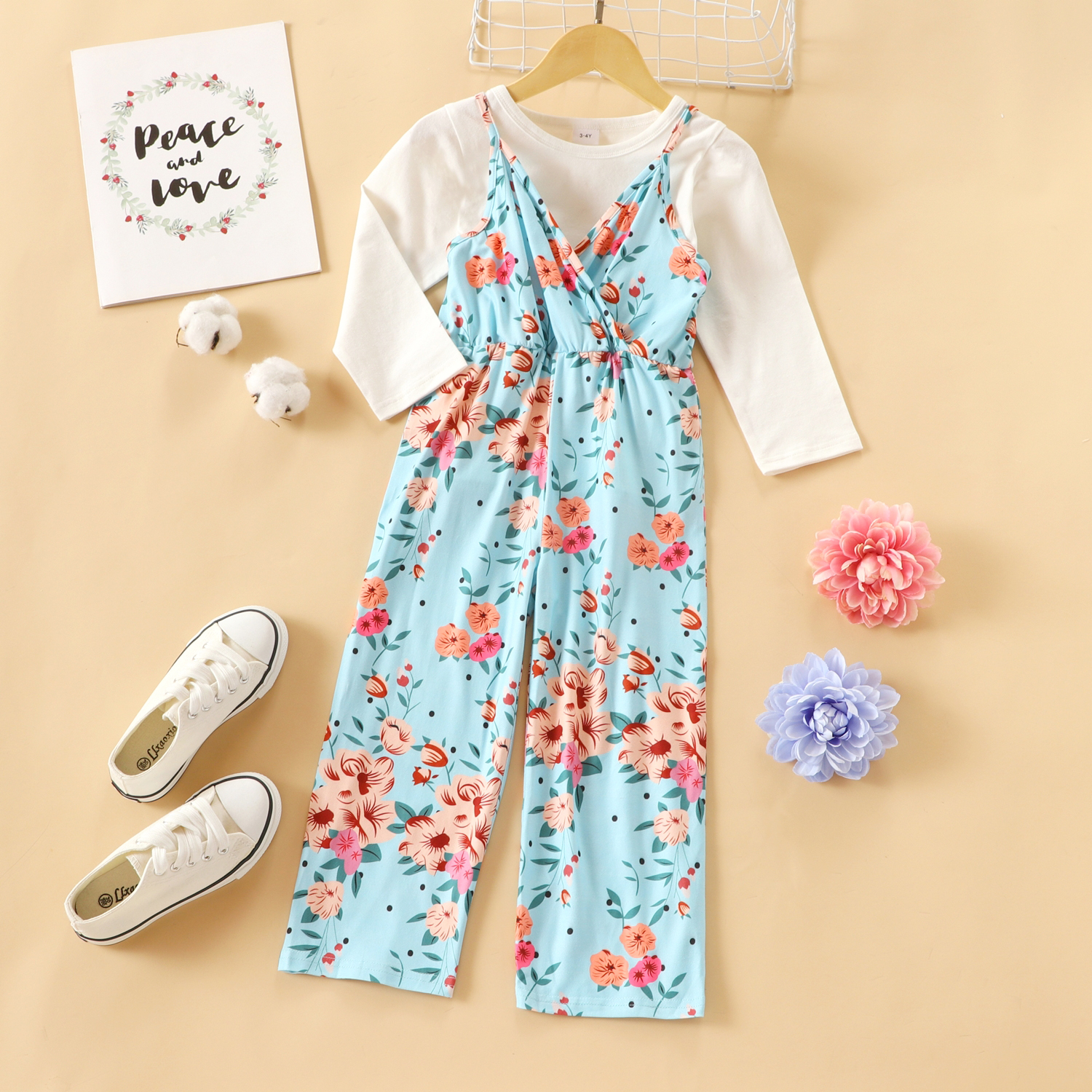 

2-piece Toddler Girl Long-sleeve White Tee and Floral Print Overalls Set