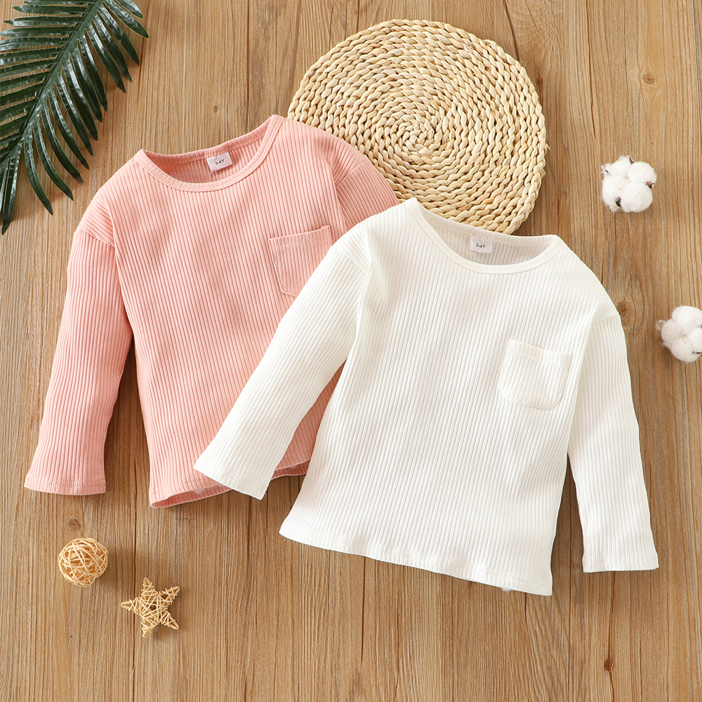 

Toddler Girl Round-collar Ribbed Solid Long-sleeve T-shirt with Pocket