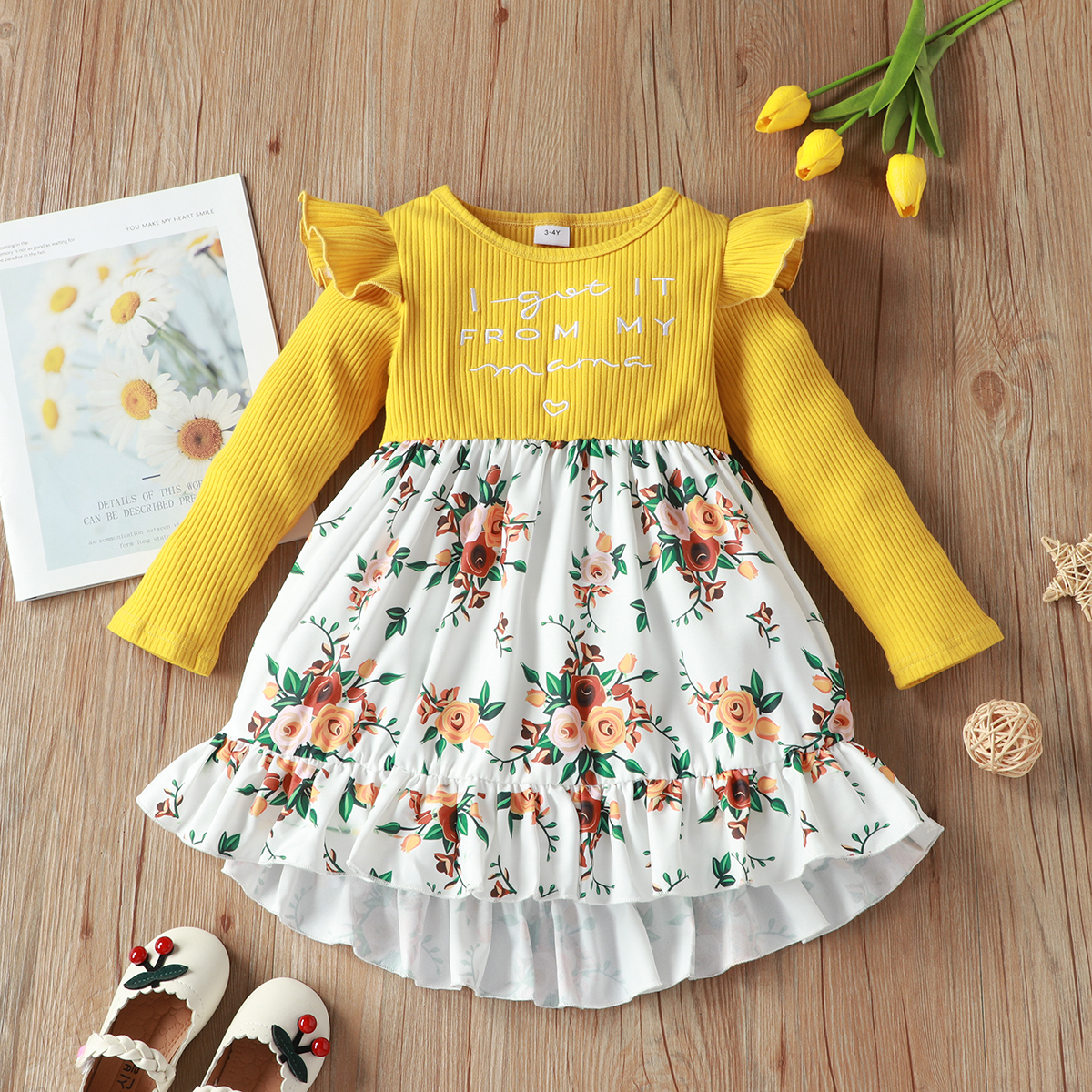 

Toddler Girl Letter Print Long-sleeve Ribbed Floral Print Ruffle Hem Skirt