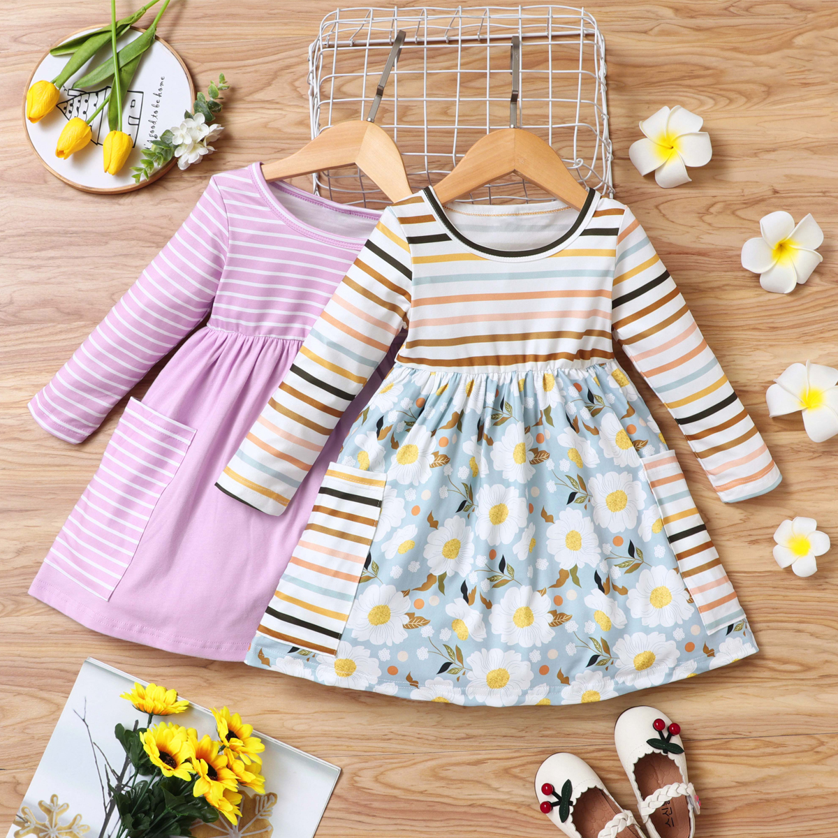

Toddler Girl Pocket Design Stripe Solid/Floral Print Long-sleeve Dress