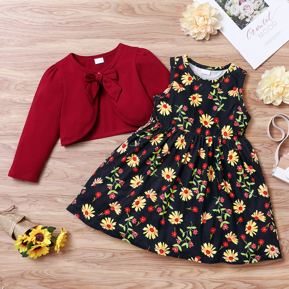 

2-piece Toddler Girl Bowknot Design Red Cardigan and Floral Print Sleeve Dress Set