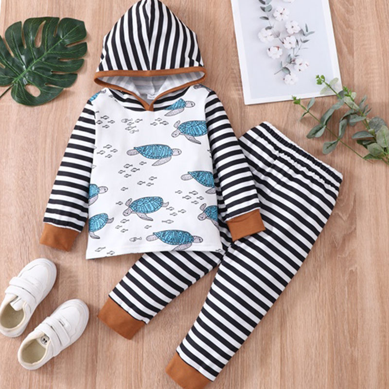 

2-piece Toddler Boy Turtle Print Striped Hoodie Sweatshirt and Pants Set