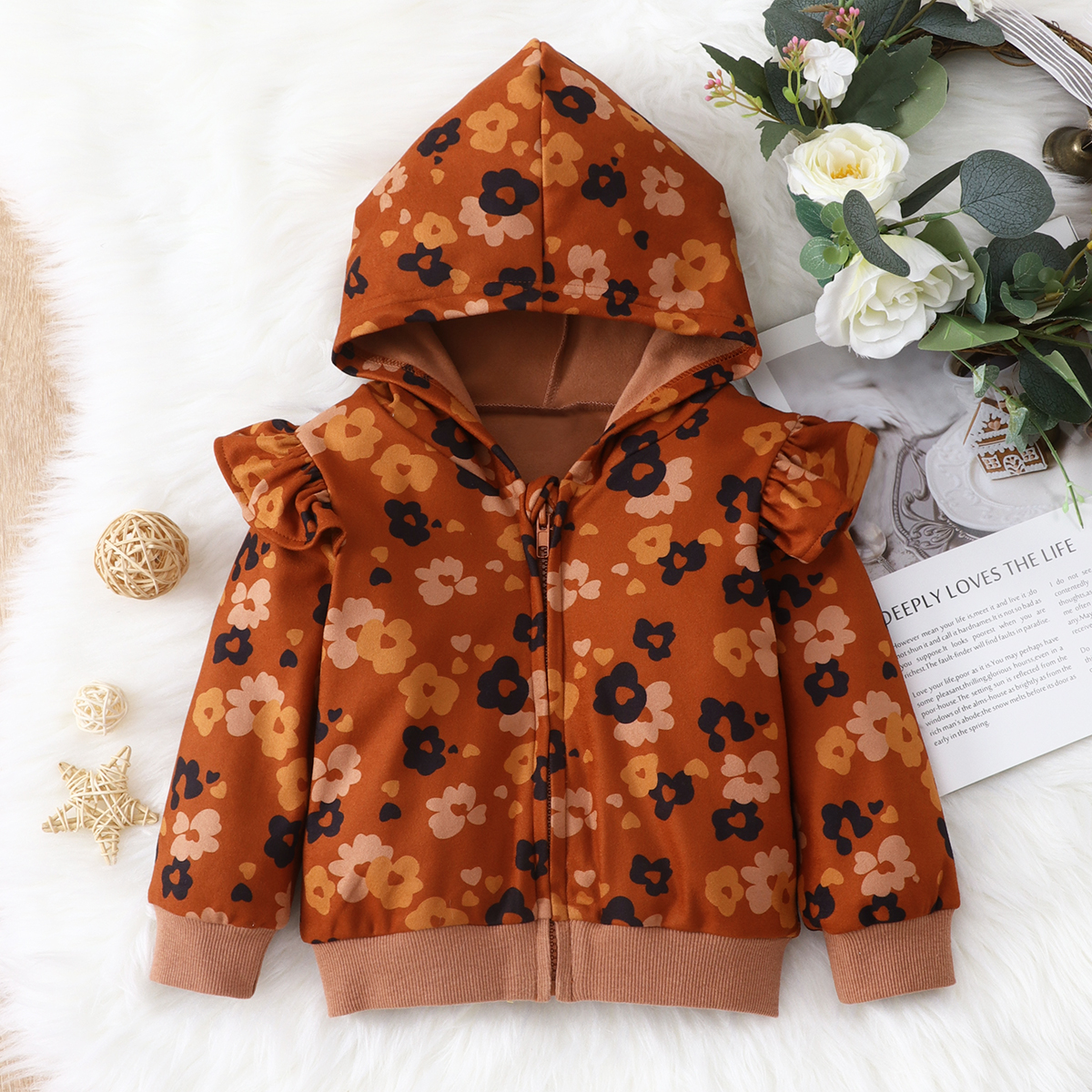 

Toddler Girl Ruffled Floral Print Zipper Hooded Jacket Sweatshirt
