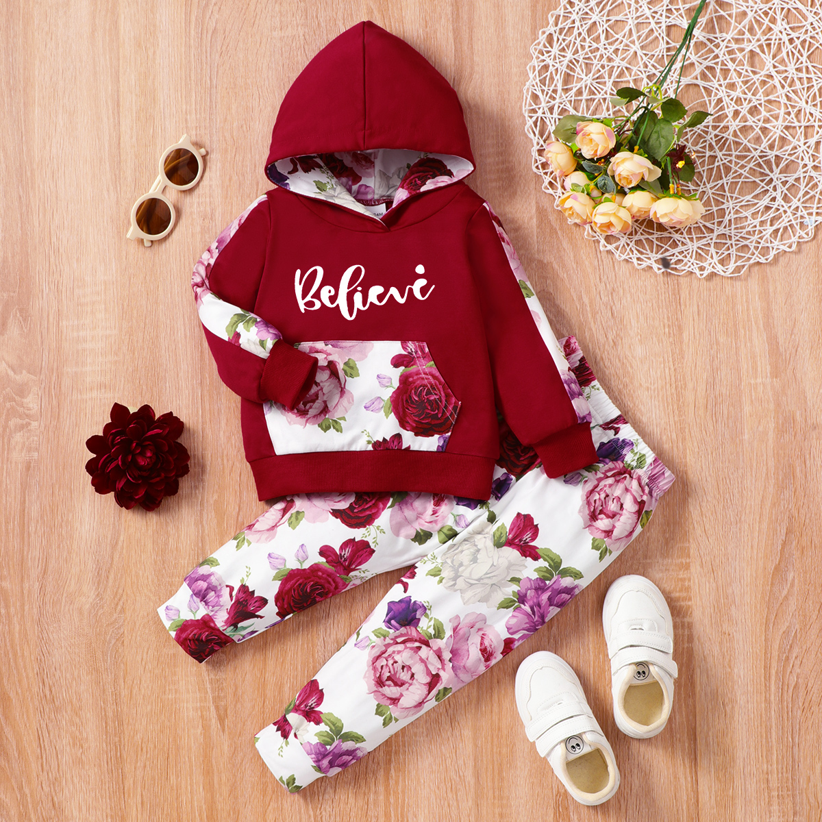

2-piece Toddler Girl Floral Letter Print Red Hoodie Sweatshirt and Elasticized Pants Set