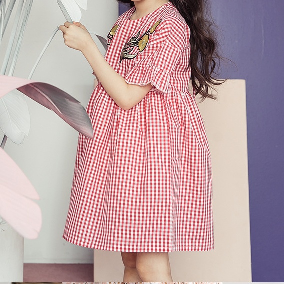 

Pretty Lily Embroidered Red Plaid Short-sleeve Dress for Girls