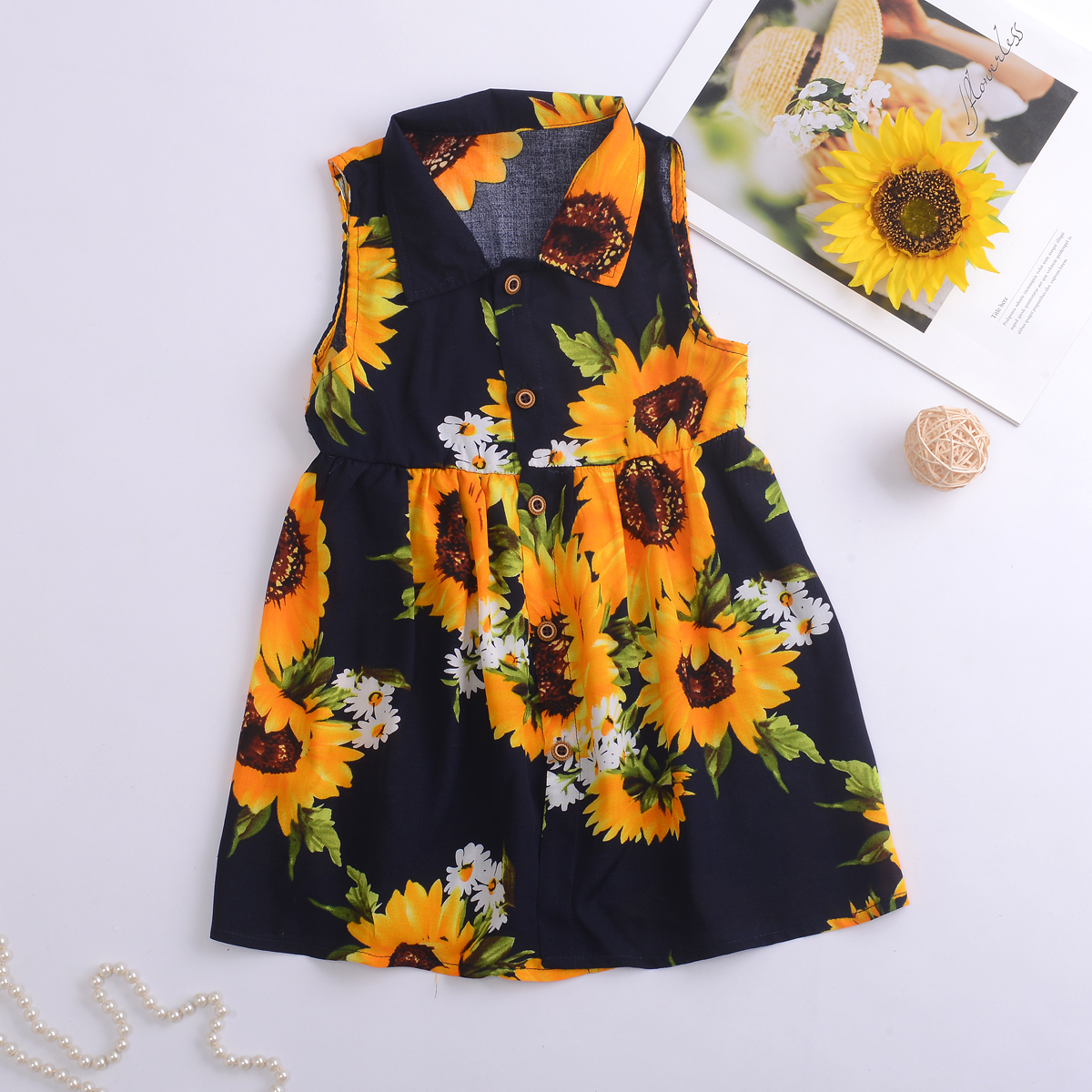 

Toddler Girls Sunflower Print Polo Collar Dress