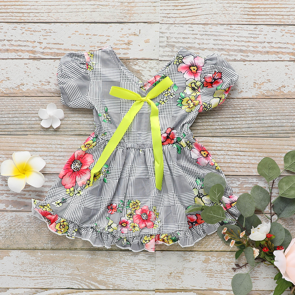 

Baby Floral Print V Neck Plaid Dress