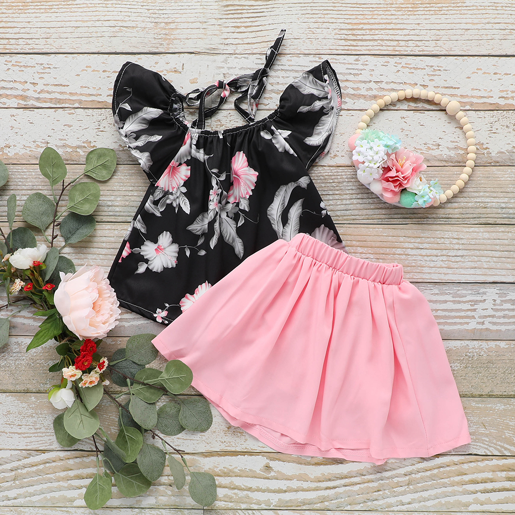 

2-piece Toddler Girls Floral Print Tie Top and Skirt Set