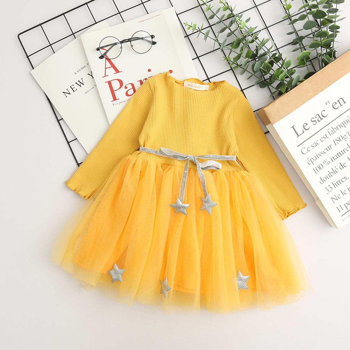 

Beautiful Star Decor Long-sleeve Tulle Dress with Belt ( exclude bag)