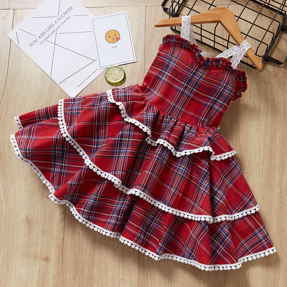 

Baby/ Toddler Girl's Plaid Pompon Decor Strap Tiered Dress