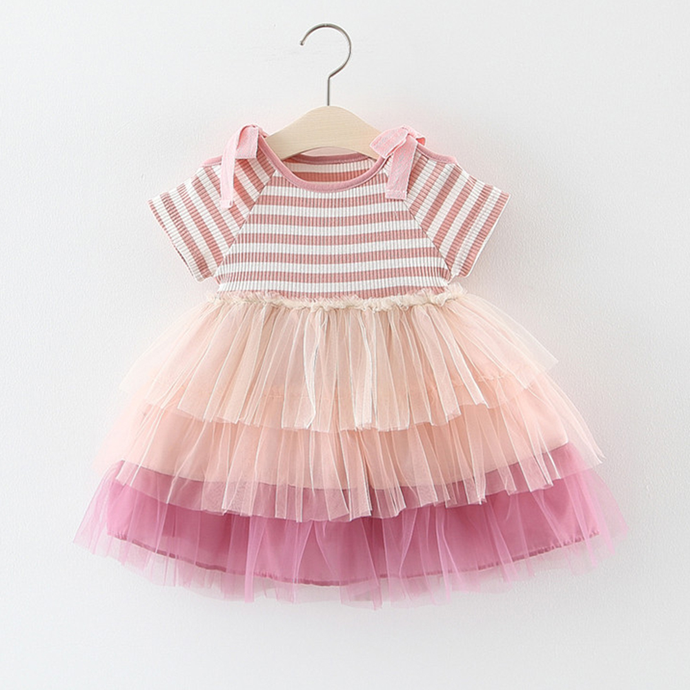 

Striped Short-sleeve Tulle Dress