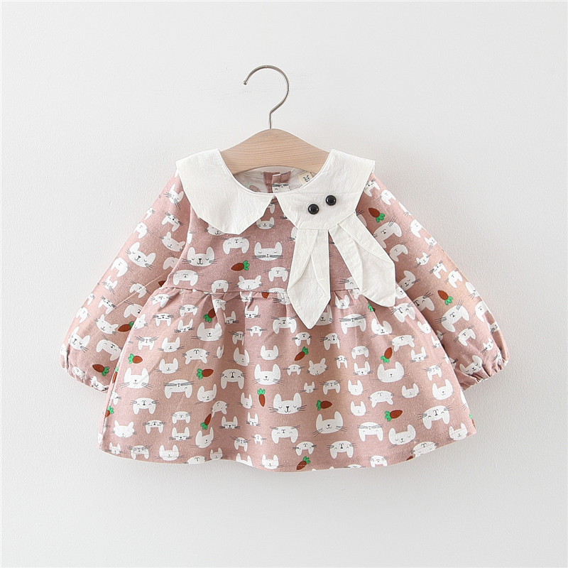 

Baby / Toddler Cute Cartoon Rabbit Ear Decor Cat Allover Long-sleeve Dress
