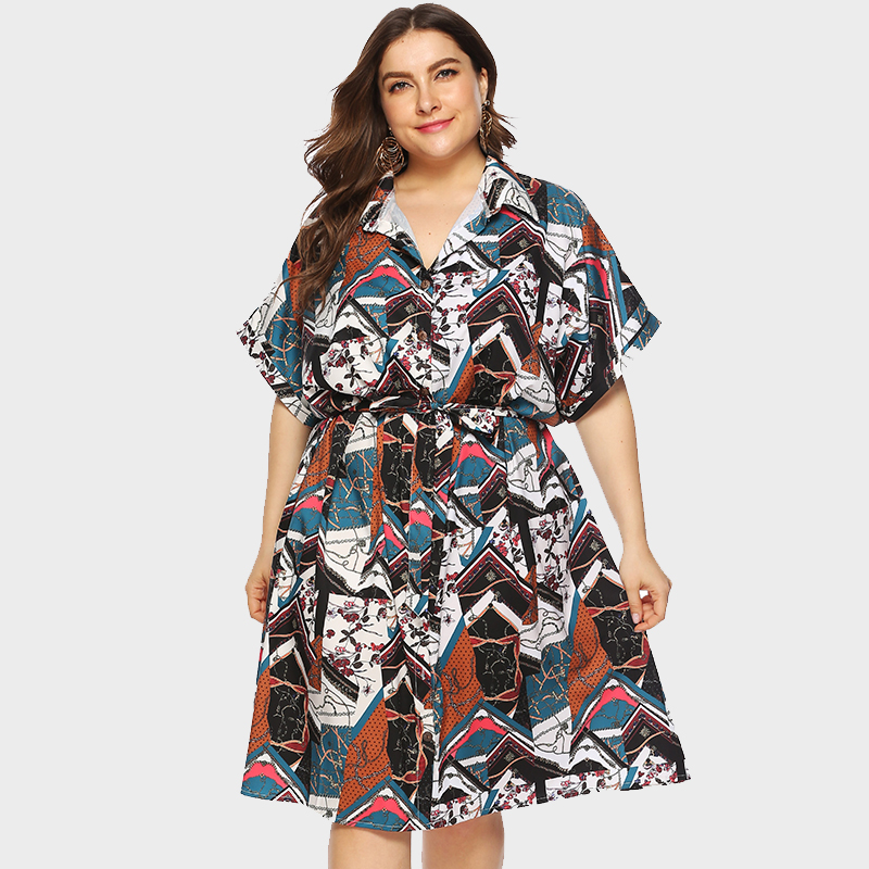 

Trendy Printed Belted Plus-size Dress