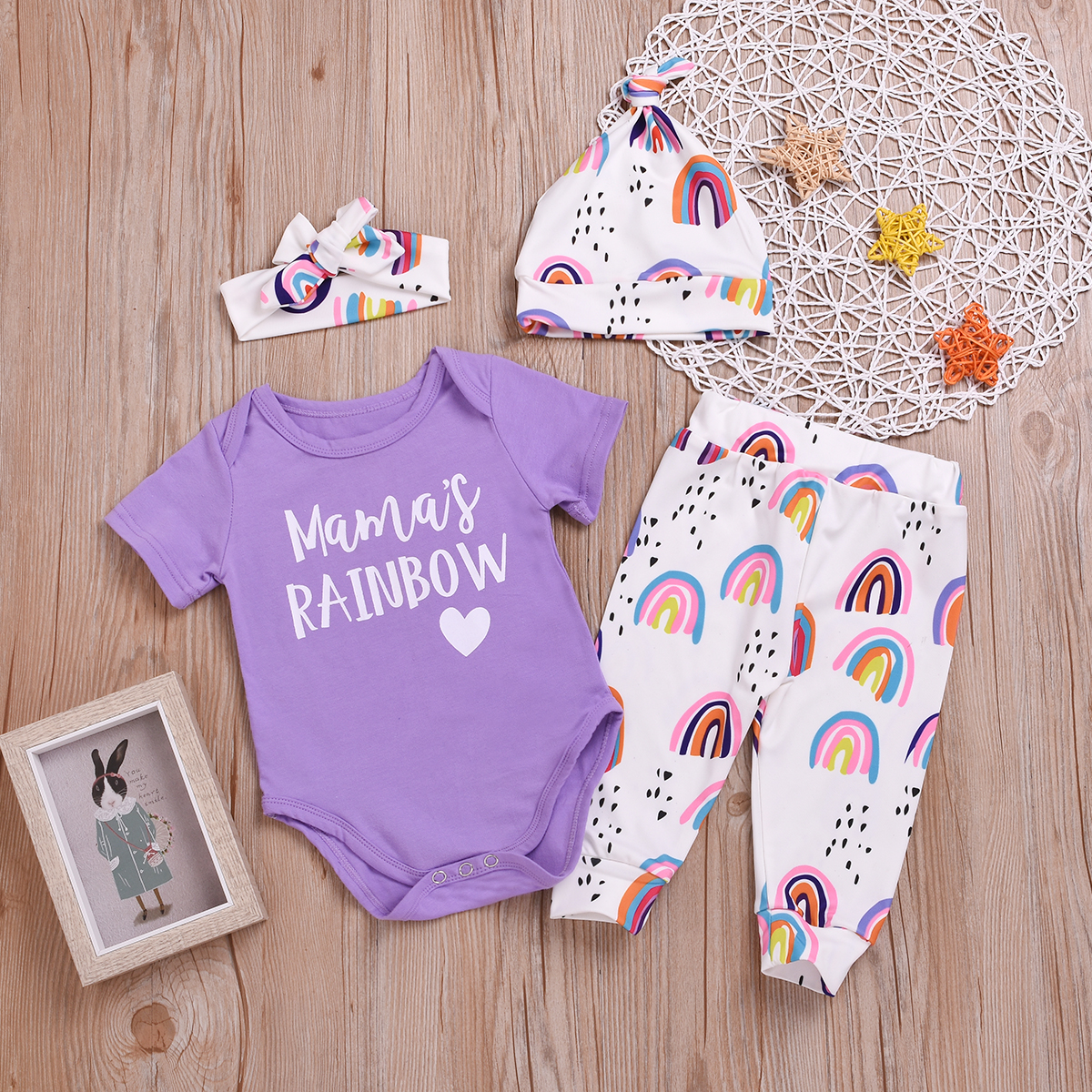 

4-piece Baby / Toddler MAMA'S RAINBOW Print Bodysuit, Rainbow Pants and Hat with Headband Set