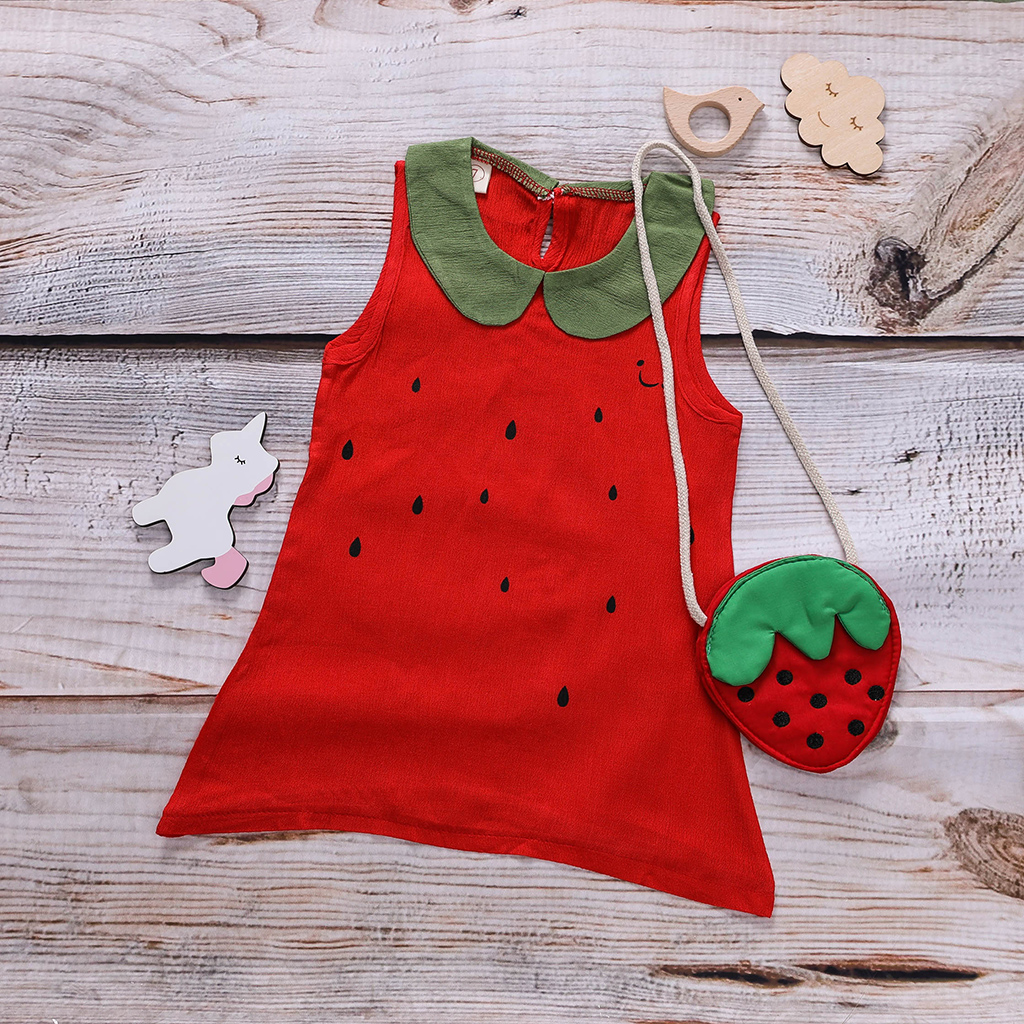 

Lovely Strawberry Design Sleeveless Dress With Bag for Toddler Girl and Girl