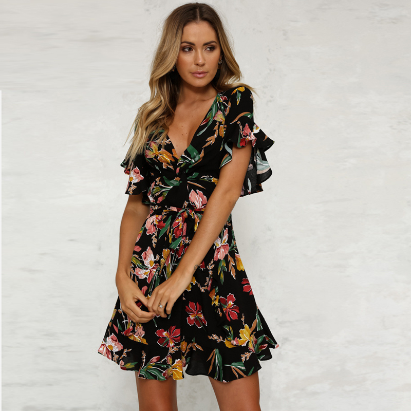 

Chic Flower Print V-neck Ruffle Short Sleeves Dress