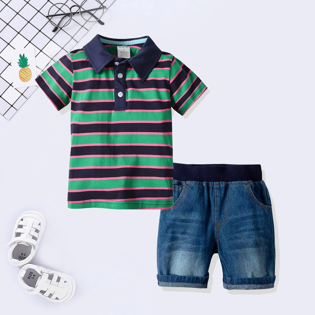 

Baby / Toddler Color Contrast Striped Shirt and Denim Shorts Set