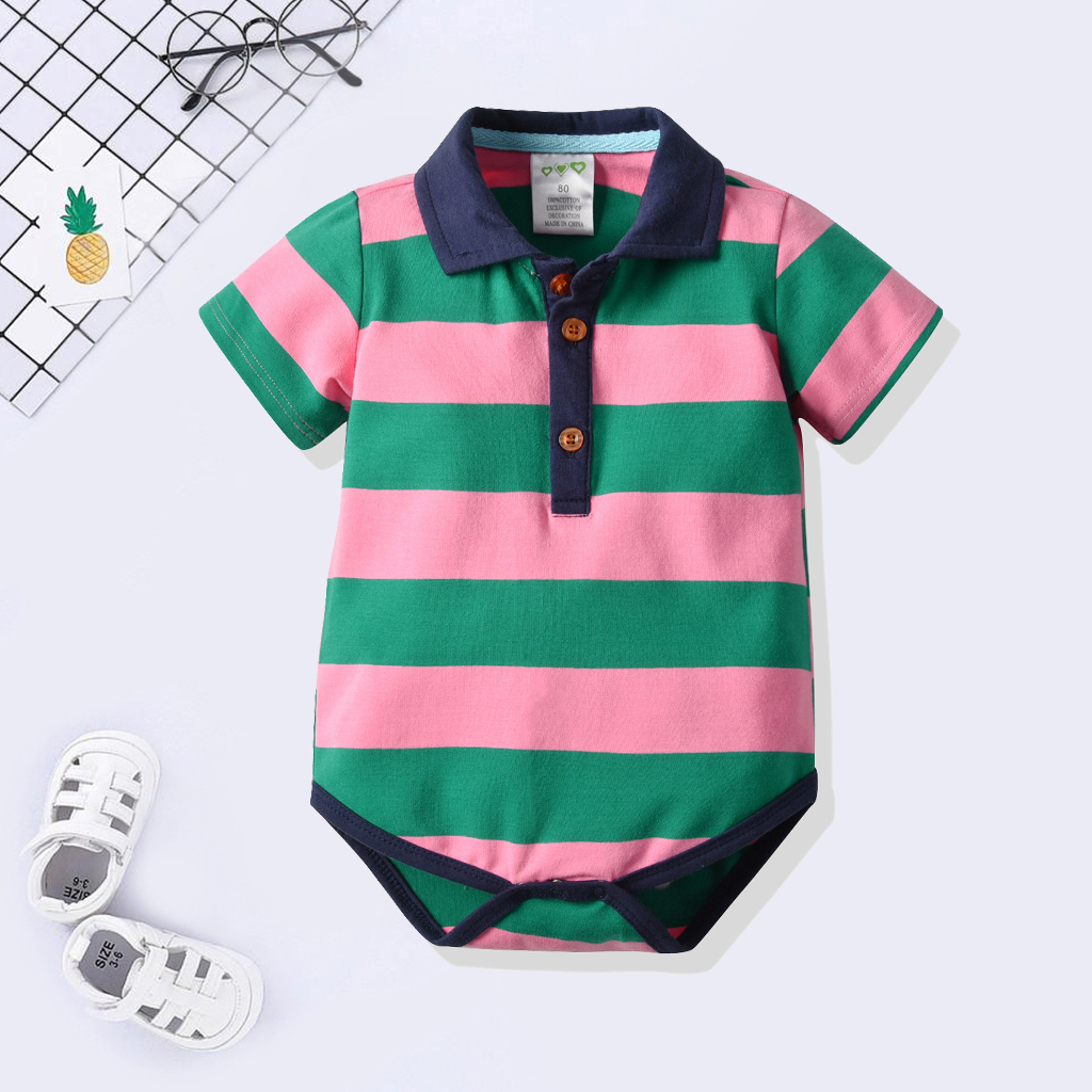 

Baby Striped Print Polo Collar Bodysuit